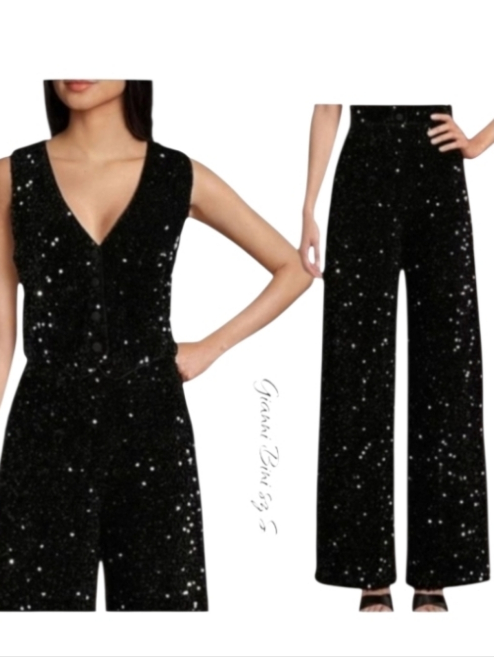 NWT Gianni Bini Black Sequin Vest Wide Leg Pant Set S